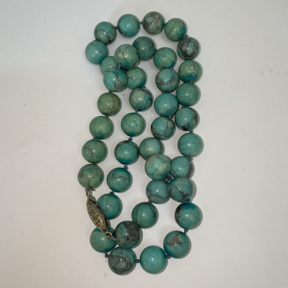 Silver Genuine Turquoise Beads Hand Knotted Vintage Beaded Necklace - Picture 3 of 10